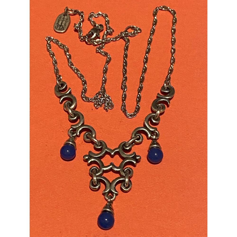 Retired JA Beaded Blue Chalcedony Silver Swirl Necklace 17-19” Adjustable - Picture 2 of 3